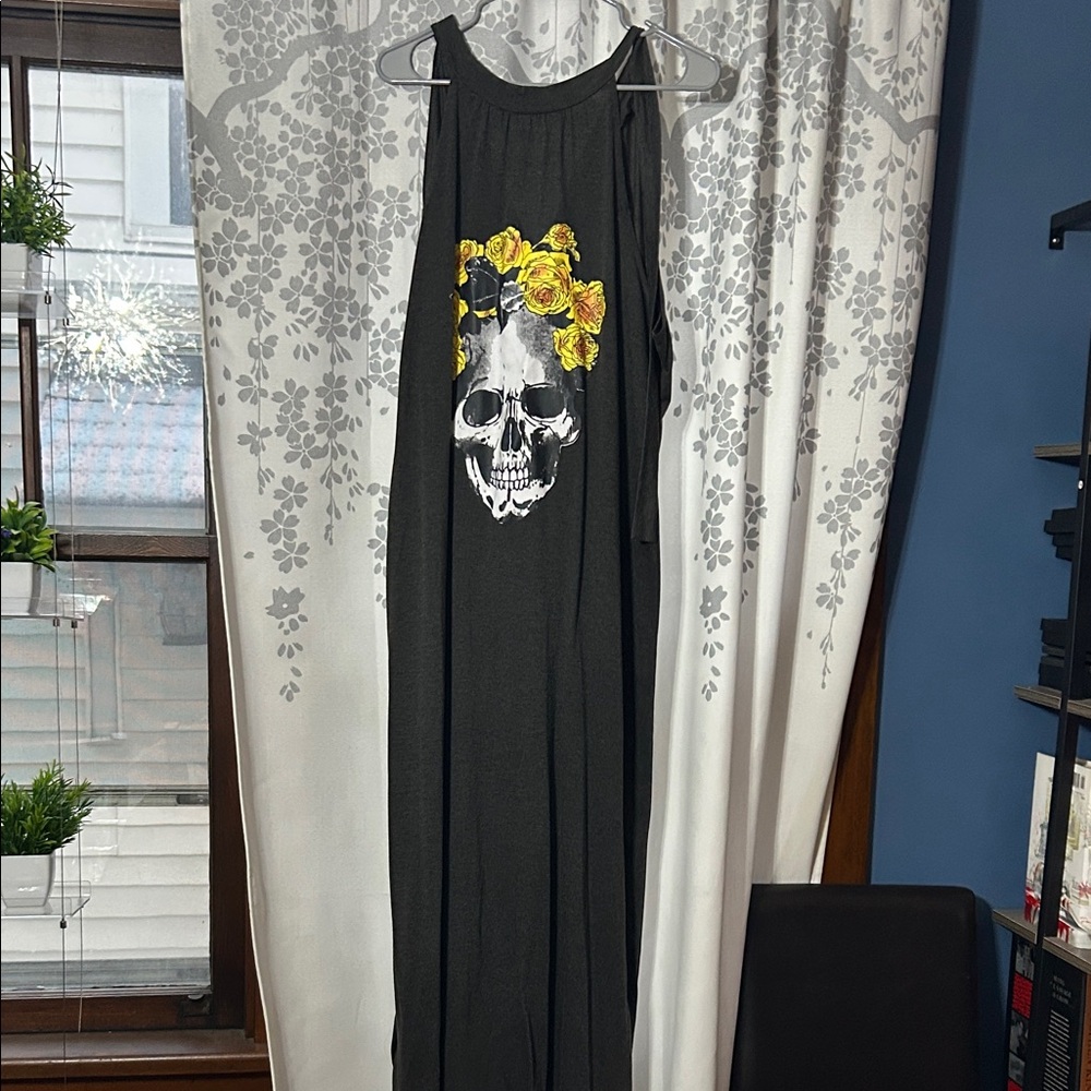 Black Maxi Dress with Skull and Yellow Floral Design